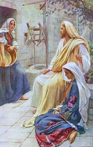 Jesus at the home of Marth and Mary by Harold Copping Public Domain Image