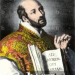 History of Religions: Portrait of Ignatius of Loyola (1491-1556). Colour engraving.